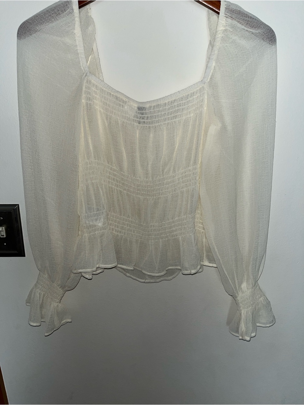 H&M Cream Sheer Smocked Peasant Blouse